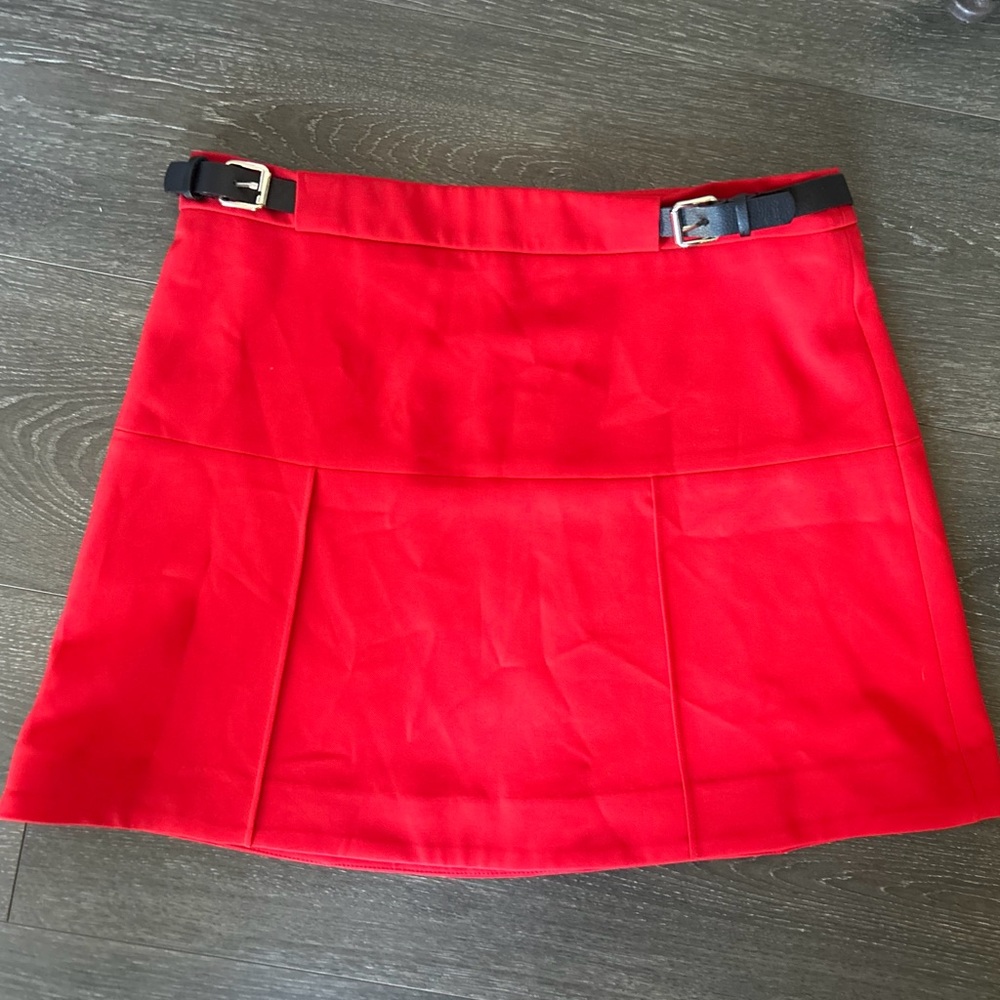 Express Scarlet Red Mini Skirt with Buckle Accents